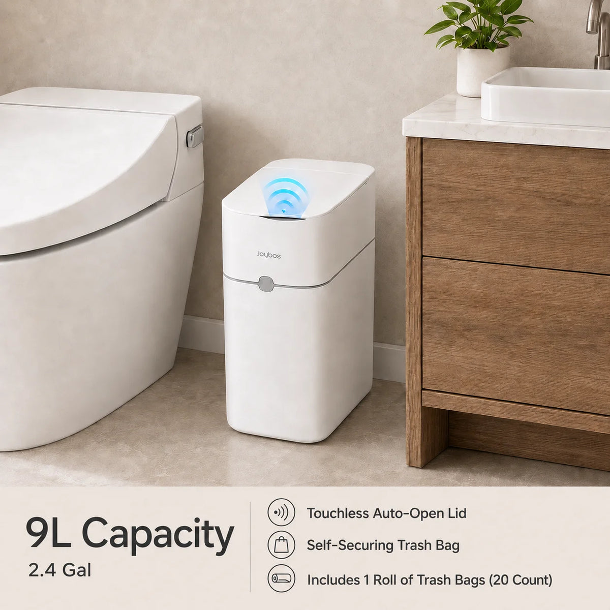 JOYBOS Touchless Trash Can with Motion Sensor & Auto Bag-Suction System, Hands-Free Operation Suitable for Small Spaces, Compact Waste Bin with Press-to-Open Lid, ABS/Polypropylene Garbage Pail, RV, Narrow Corners, RV Essenti