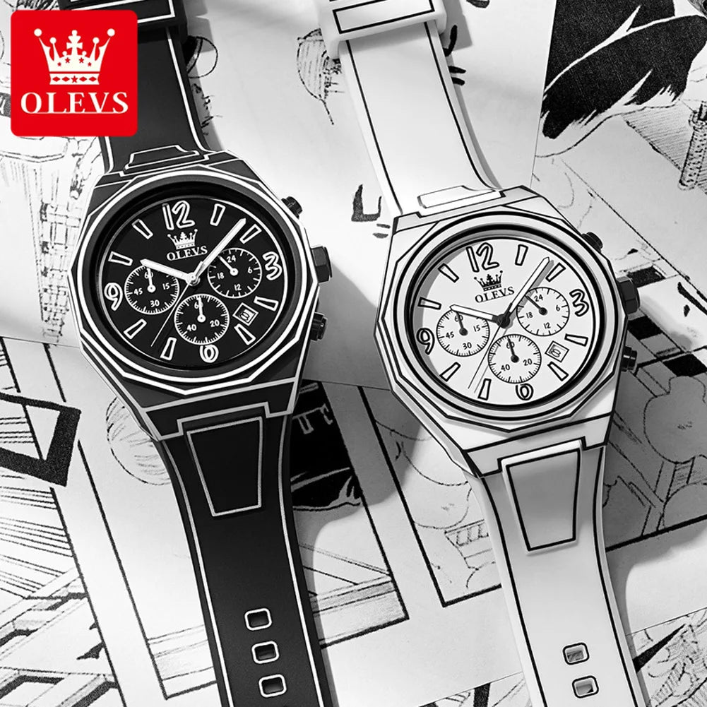 OLEVS 5622 New Mens Watch Original Fashionable Quartz Watch Waterproof Luminous Manga Style Silicone Strap Reloj Mens Gifts