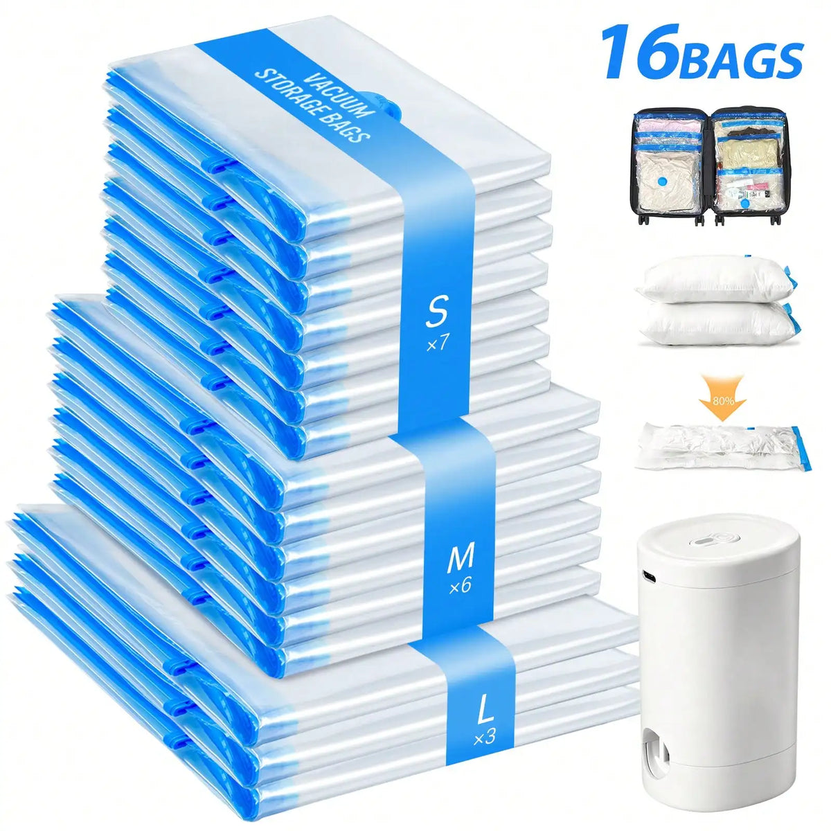 16 Pack Travel Vacuum Storage Bags With Electric Air Pump Modern Clear Reusable Compression Sealing Bags Space Saver Organizer Unit For Clothes Bedding Suitcase Luggage Closet Back To School Vacation Travel Essentials